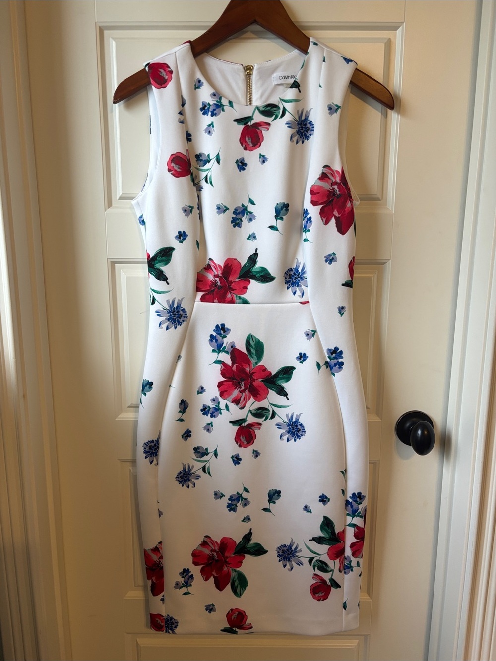 Calvin Klein White Midi Dress with Red & Blue Floral Print